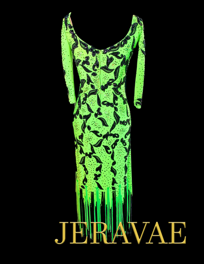 Resale Artistry in Motion Lime Green Latin Dress with Black Lace Applique and Green/Black Fringe Hem Sz S Lat124