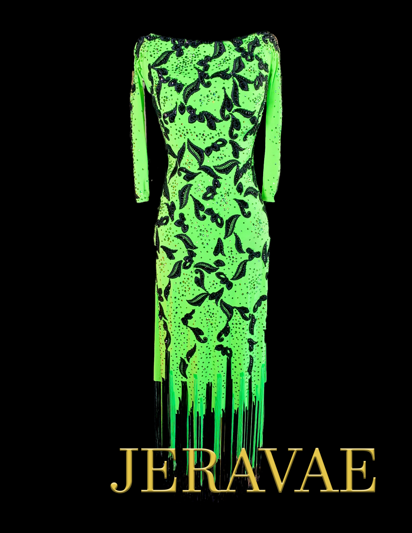 Resale Artistry in Motion Lime Green Latin Dress with Black Lace Applique and Green/Black Fringe Hem Sz S Lat124