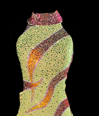Green Mesh Latin Dress with Ruffle Skirt, Amber Flames, and Swarovski Crystals by Artistry in Motion Sz S Lat141