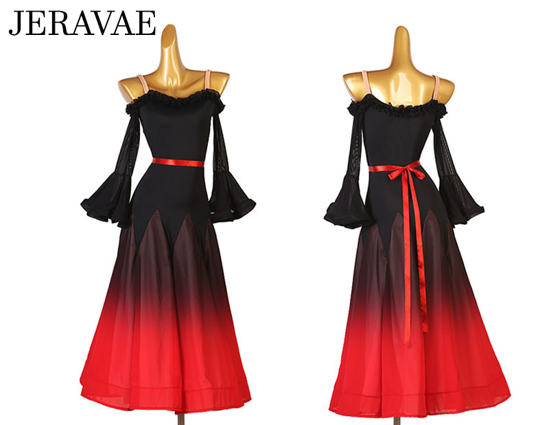 Black and Red Ombré Ballroom Practice Dress with Off the Shoulder Bell Sleeves, Ruffle Detailing Around Neckline, and Ribbon Belt PRA 955 in Stock