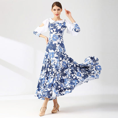 Ballroom practice dress with white collar in blue and white
