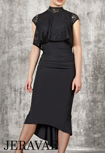 Latin Practice Dress with Lace Cap Sleeves and Cape Top, Asymmetrical Skirt, and High Slit in Back PRA 1003 in Stock
