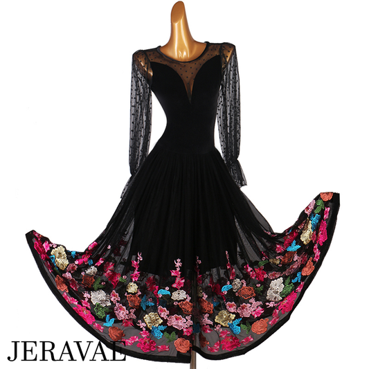 Black Ballroom Dress with Velvet Bodice, Dotted Mesh Sleeves and Illusion Neckline, and Colorful Lace Appliqué Flowers on Skirt PRA 1002 in Stock