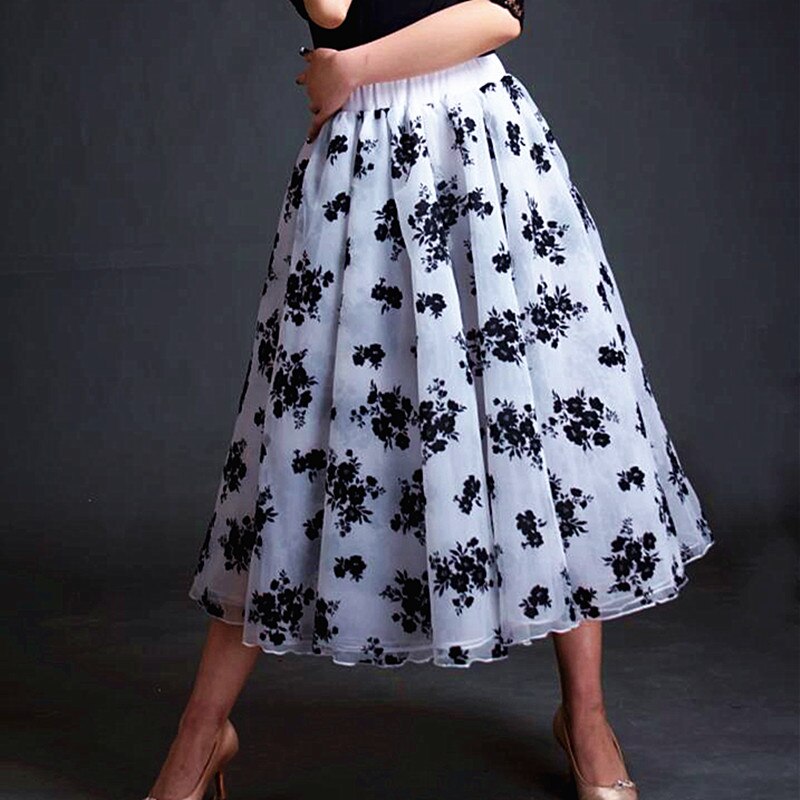 Black and White Floral Ballroom Practice Skirt with Bow Tie and Soft Hem Sizes S-4XL PRA 612