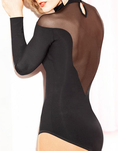 Sexy Long Sleeve Ballroom or Latin Practice Top Bodysuit with Mesh Shoulder and V-Neck and Back with Button Closure PRA 338 in Stock
