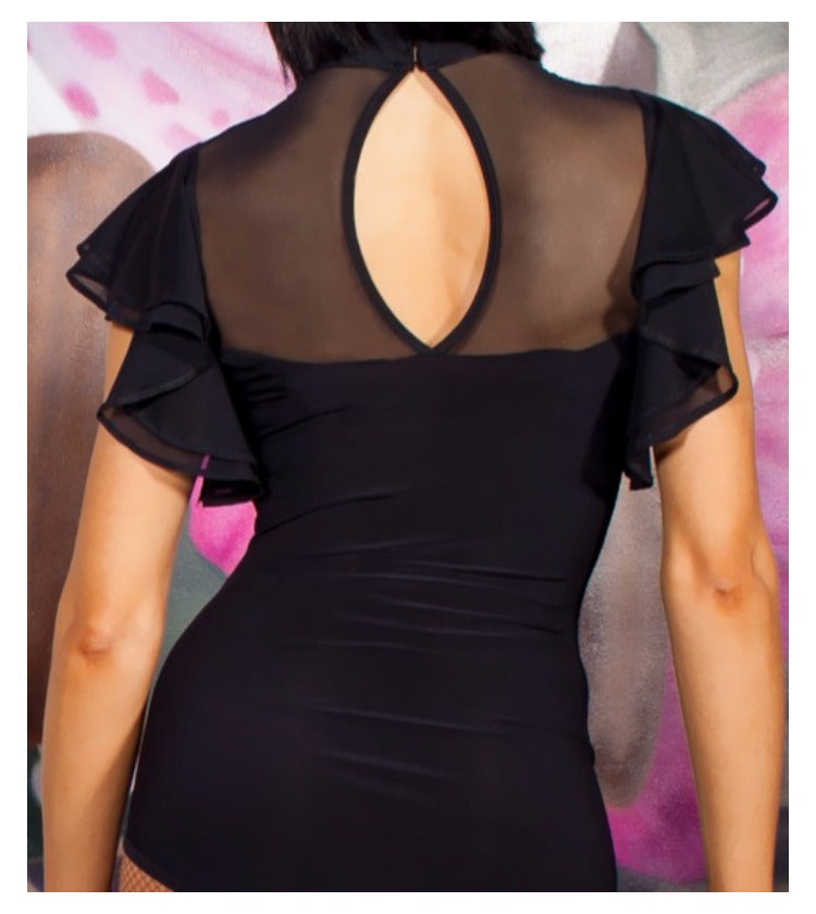 Black bodysuit top with keyhole back, flutter sleeves, and high neck