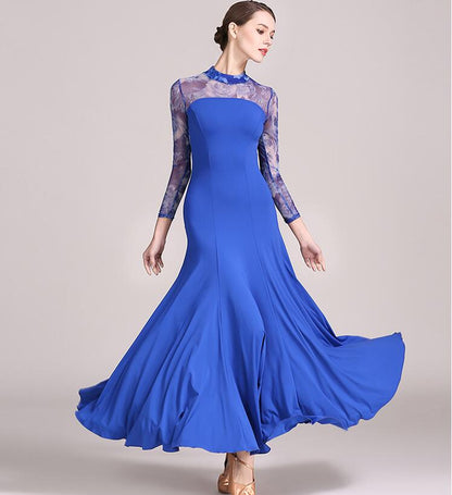 Long Ballroom Practice Dress with Floral Mesh Sleeves, High Collar, Zipper Closure, and Soft Hem in Green or Blue PRA 765 in Stock