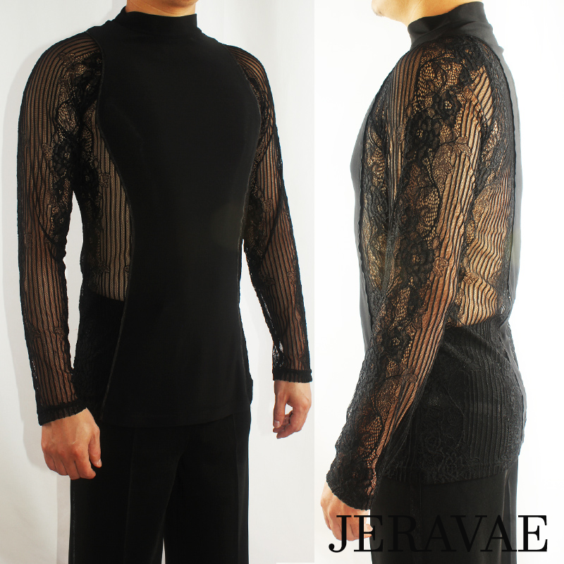 Men's Black Tuck Out Style High Neck Long Sleeve Latin Dance Shirt with Mesh and Lace Stripes and Floral Pattern M080 in Stock