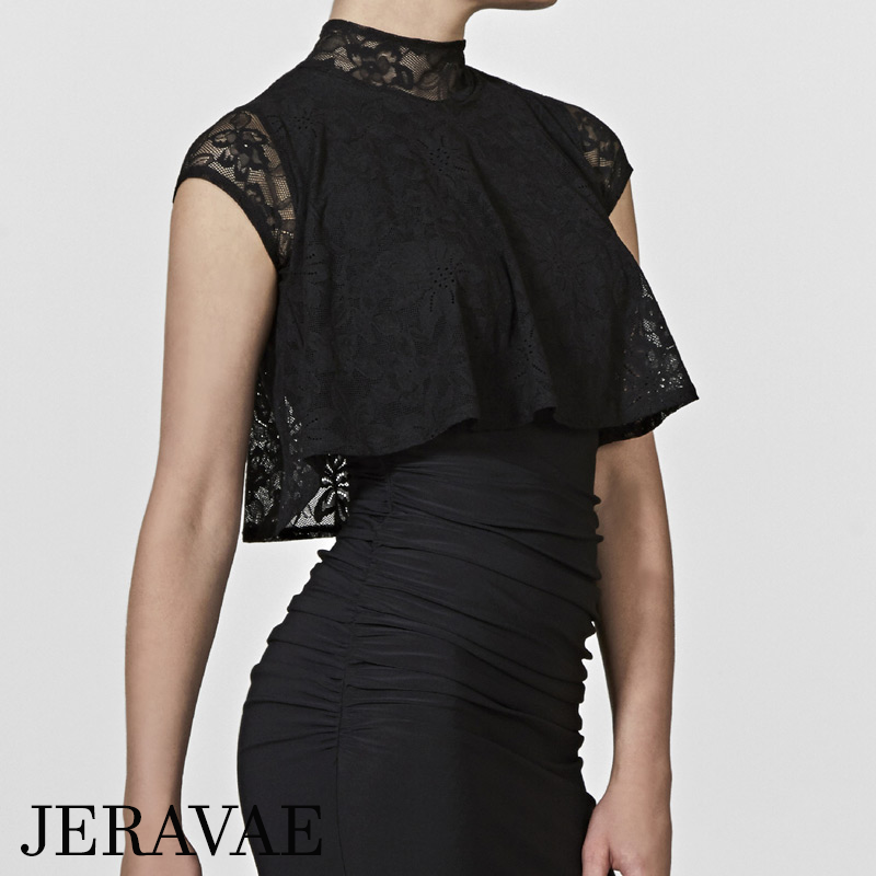 Latin Practice Dress with Lace Cap Sleeves and Cape Top, Asymmetrical Skirt, and High Slit in Back PRA 1003_sale