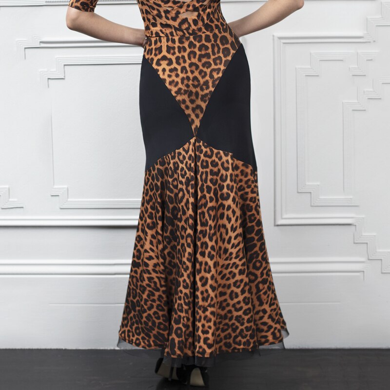 Long Brown and Black Cheetah Print Ballroom Practice Skirt with Color Blocking and Soft Hem Sizes S-3XL PRA 647