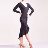 Black Long Sleeve Latin Practice Dress with Wrapped Waistline and Asymmetrical Skirt Pra106_in