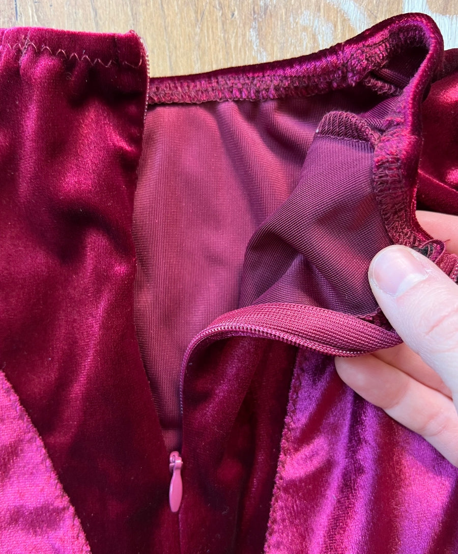 Two Piece Youth Long Sleeve Purple/Wine Red Velvet Practice or Competition Bodysuit and Pleated Latin Skirt You032 in Stock