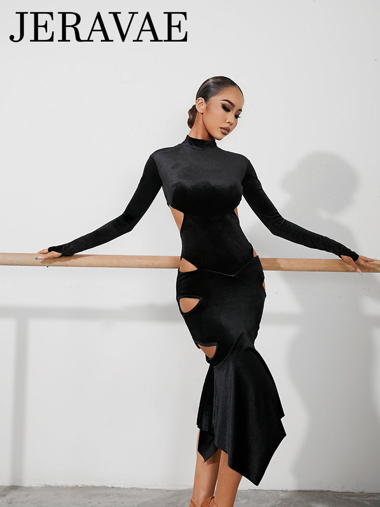 ZYM Dance Style Vivian Long Sleeve Black Velvet Latin Practice Dress with High Neck, Open Back, and Cutout Details PRA 914 in Stock