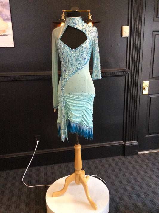 Light Blue Latin Competition Dress with Swarovski Crystals and Beaded Skirt.  SZ Small Lat142