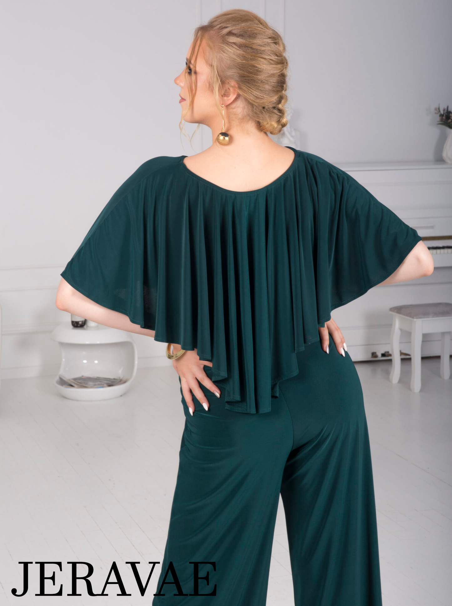 Senga Dancewear BOLERO Bottle Green Jumpsuit with Ruffle Cape, Wide Leg Pants, and Tie Detail with Gold Buckle PRA 984 in Stock