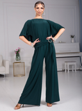 Senga Dancewear BOLERO Bottle Green Jumpsuit with Ruffle Cape, Wide Leg Pants, and Tie Detail with Gold Buckle Pra984 in Stock