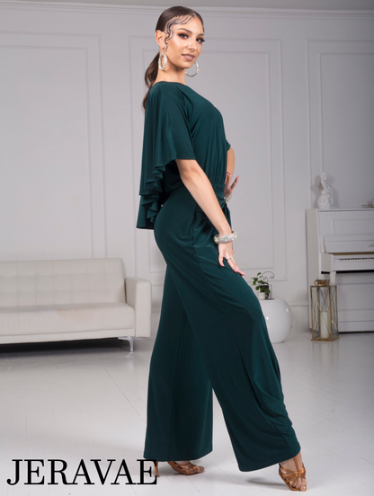Senga Dancewear BOLERO Bottle Green Jumpsuit with Ruffle Cape, Wide Leg Pants, and Tie Detail with Gold Buckle PRA 984 in Stock