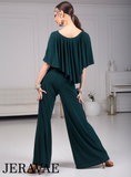 Senga Dancewear BOLERO Bottle Green Jumpsuit with Ruffle Cape, Wide Leg Pants, and Tie Detail with Gold Buckle Pra984 in Stock