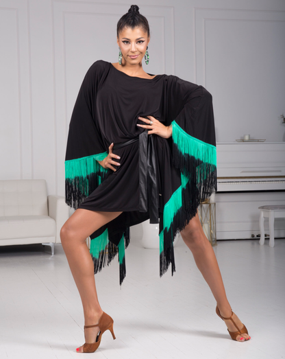 Senga Dancewear OMBRA Short Black Tunic Cape Dress with Sash Sleeves, Ombré Fringe, and Eco Leather Belt Sash PRA 972 in Stock