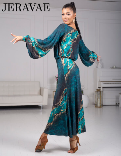 Senga Dancewear TRIBAL Turquoise and Gold Pattern Ballroom Practice Dress with Lantern Sleeves, Elastic Waistline, and Soft Hem PRA 968 in Stock