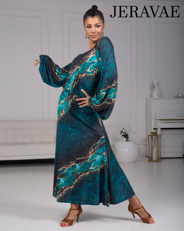 Senga Dancewear TRIBAL Turquoise and Gold Pattern Ballroom Practice Dress with Lantern Sleeves, Elastic Waistline, and Soft Hem PRA 968 in Stock