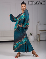 Senga Dancewear TRIBAL Turquoise and Gold Pattern Ballroom Practice Dress with Lantern Sleeves, Elastic Waistline, and Soft Hem Pra968 in Stock