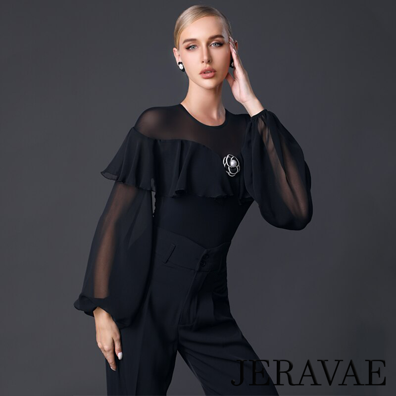 Women's Black Bodysuit Practice Top with Illusion Neckline, Large Flowy Ruffle, Mesh Lantern Sleeves, and Front Flower Detail PRA 909 in Stock