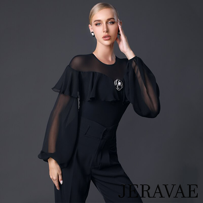 Women's Black Bodysuit Practice Top with Illusion Neckline, Large Flowy Ruffle, Mesh Lantern Sleeves, and Front Flower Detail PRA 909 in Stock