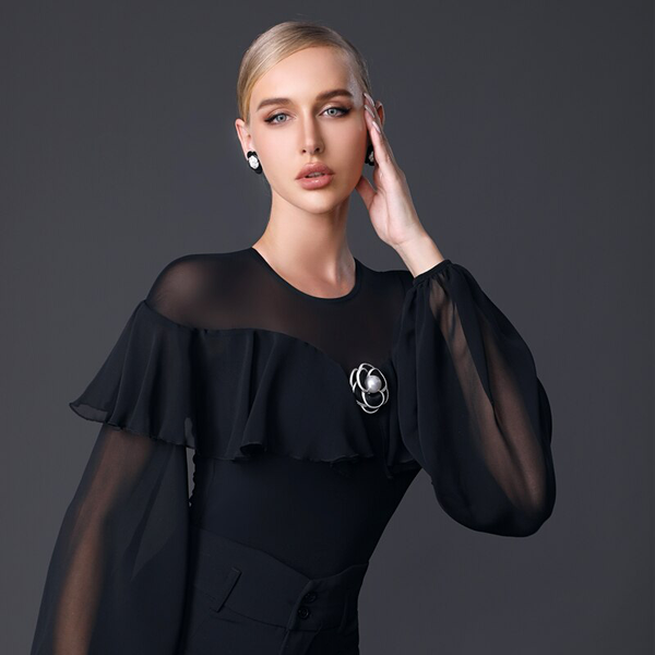 Women's Black Bodysuit Practice Top with Illusion Neckline, Large Flowy Ruffle, Mesh Lantern Sleeves, and Front Flower Detail Pra909 in Stock
