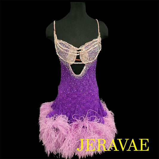 Purple Lace Latin/Rhythm Dress with Feathers LAT020 sz Medium