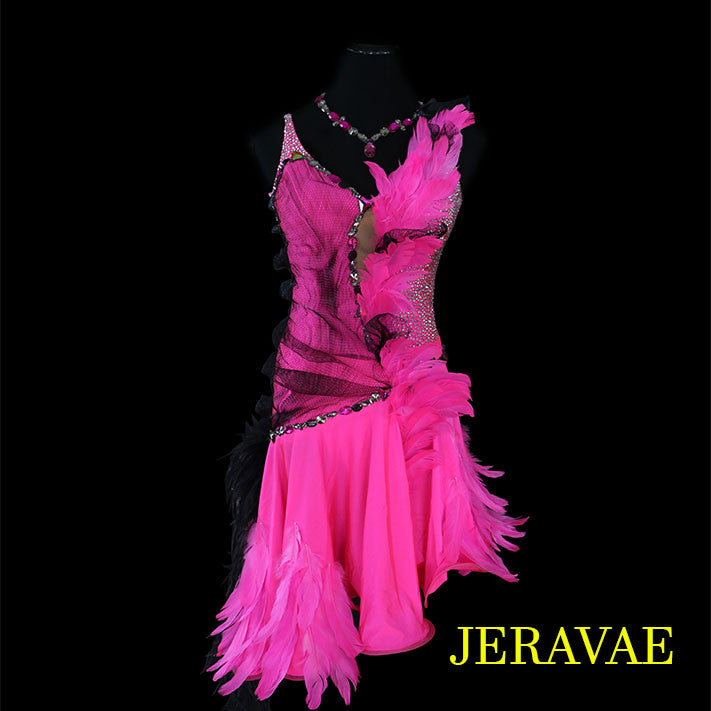 Electric pink and black feathered latin/rhythm costume dress