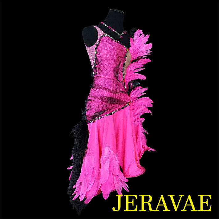 electric pink and black feathered latin/rhythm dress with mesh keyhole detail