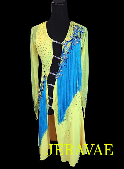 Bright Yellow and Blue Rhythm Dress with fringe LAT034 sz Medium
