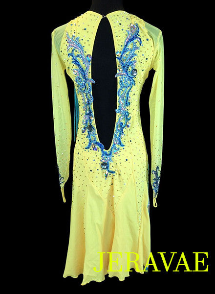 Back of blue and yellow Latin costume for women