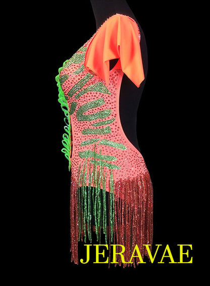 Neon Orange & Lime Green Latin Dress with Stone Skirt Zebra Swarovski Stone Design LAT035 sz Small/Medium
