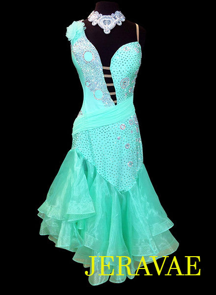 Bright Light Green Latin Dress with Full Skirt and Swarovski Stones LAT036 sz Large