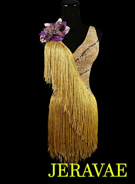 Short Gold Shimmer Fringe Latin Rhythm Dress with Purple Flower LAT039 sz Small SOLD
