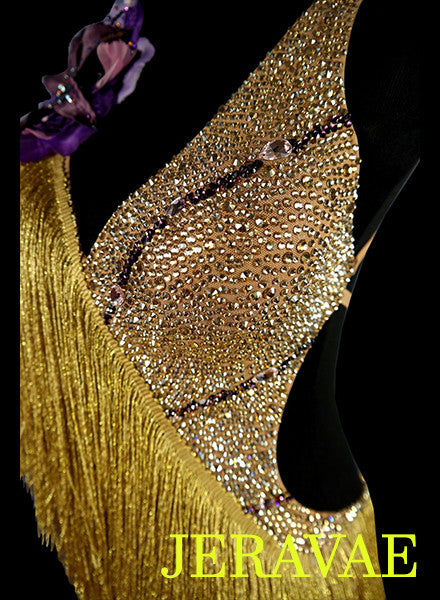 Short Gold Shimmer Fringe Latin Rhythm Dress with Purple Flower LAT039 sz Small SOLD