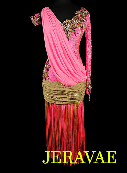 Pink Latin Rhythm Dress with Brown Sash Flowers and Accent Fringe LAT044 sz Large