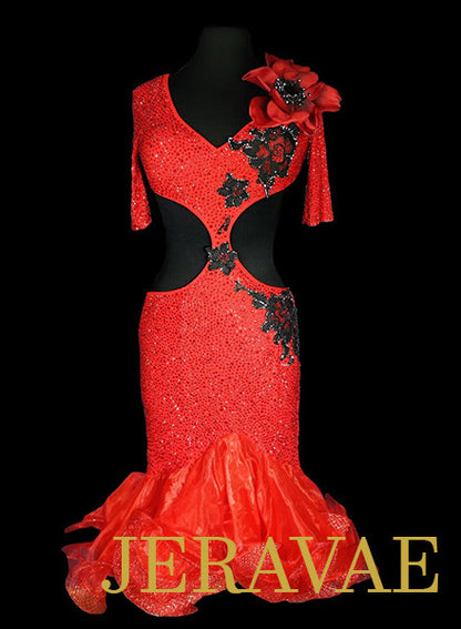 Red Latin Dress with Flower and Black Lace Covered in Swarovski Crystals LAT048 sz Medium