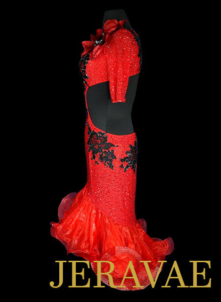 Red Latin Dress with Flower and Black Lace Covered in Swarovski Crystals LAT048 sz Medium
