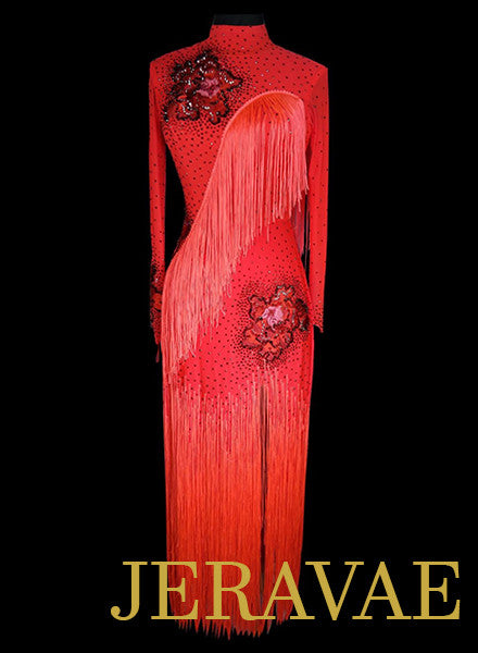 Long Red Latin Rhythm Dress with Fringe and Flower Detail LAT050 sold
