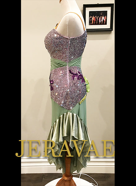 Sage and Lavender Latin Dress with Heavy Swarovski Stones and Ruffle Skirt LAT051 sz Small
