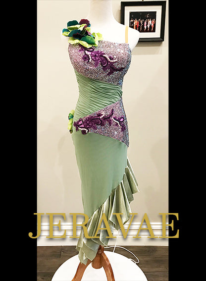 Sage and Lavender Latin Dress with Heavy Swarovski Stones and Ruffle Skirt LAT051 sz Small