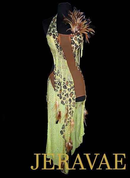 Resale Lime Yellow Latin Dress with Feathers made by Jordy LAT052 sz X Small