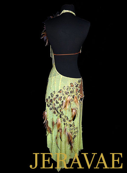 Resale Lime Yellow Latin Dress with Feathers made by Jordy LAT052 sz X Small