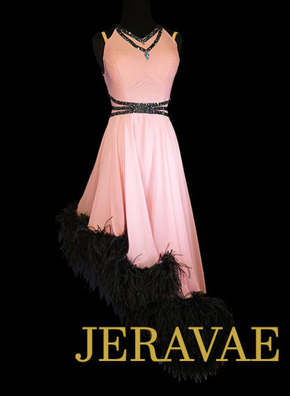 Pink and Black Rhythm/Latin Dress with Black Boa and Swarovski Stones Size Medium/Large LAT075