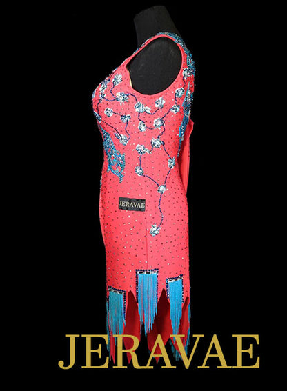 Coral and Blue Rhythm Dress with Fringe, Lace, and Swarovski Stones Size Medium LAT076 SOLD