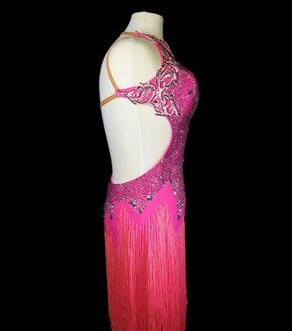 Hot Pink Latin Dress with Fringe and Swarovski Stones Size Medium LAT078