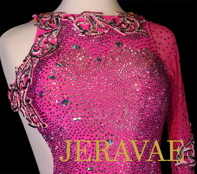 Hot Pink Latin Dress with Fringe and Swarovski Stones Size Medium LAT078